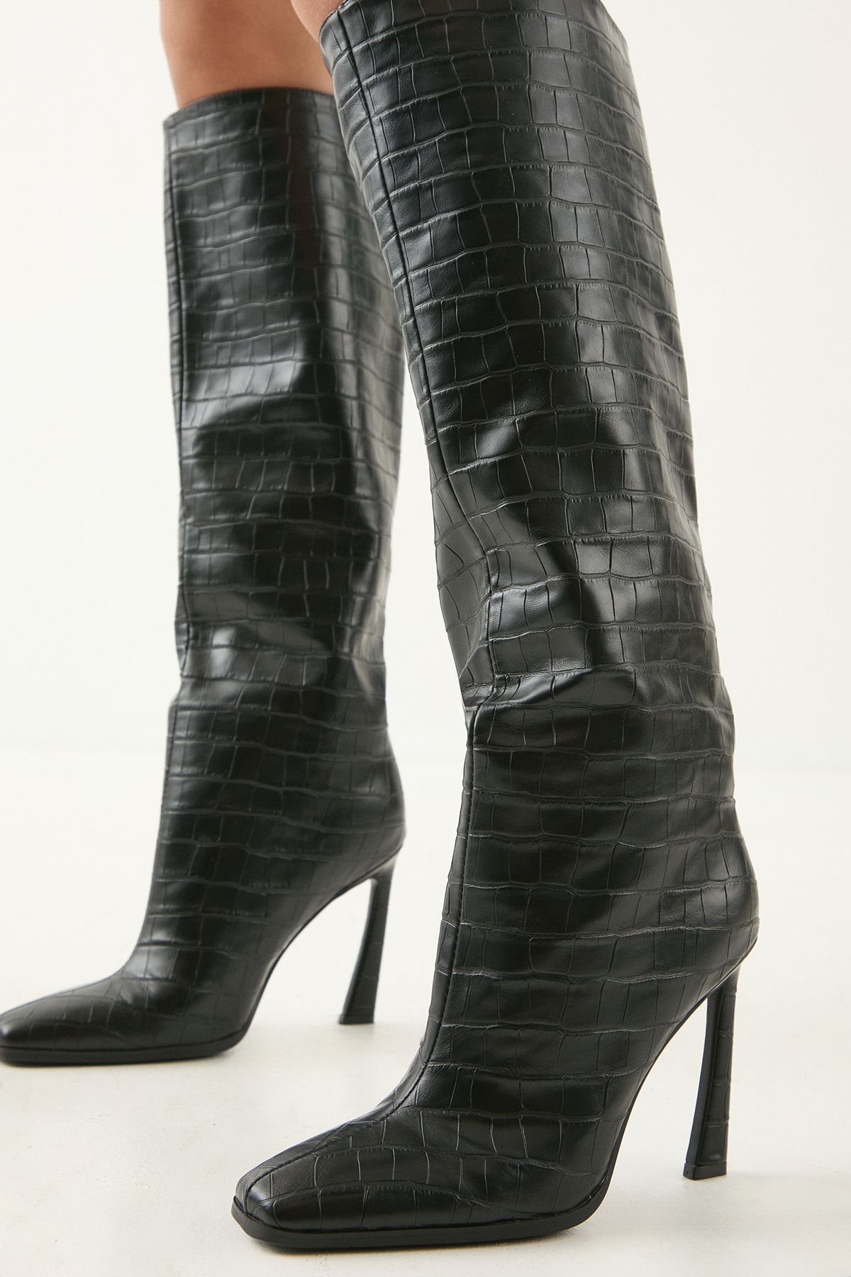 MissPap Faux Croc Leather High Flared Stiletto Heel Knee Boots Black image 4