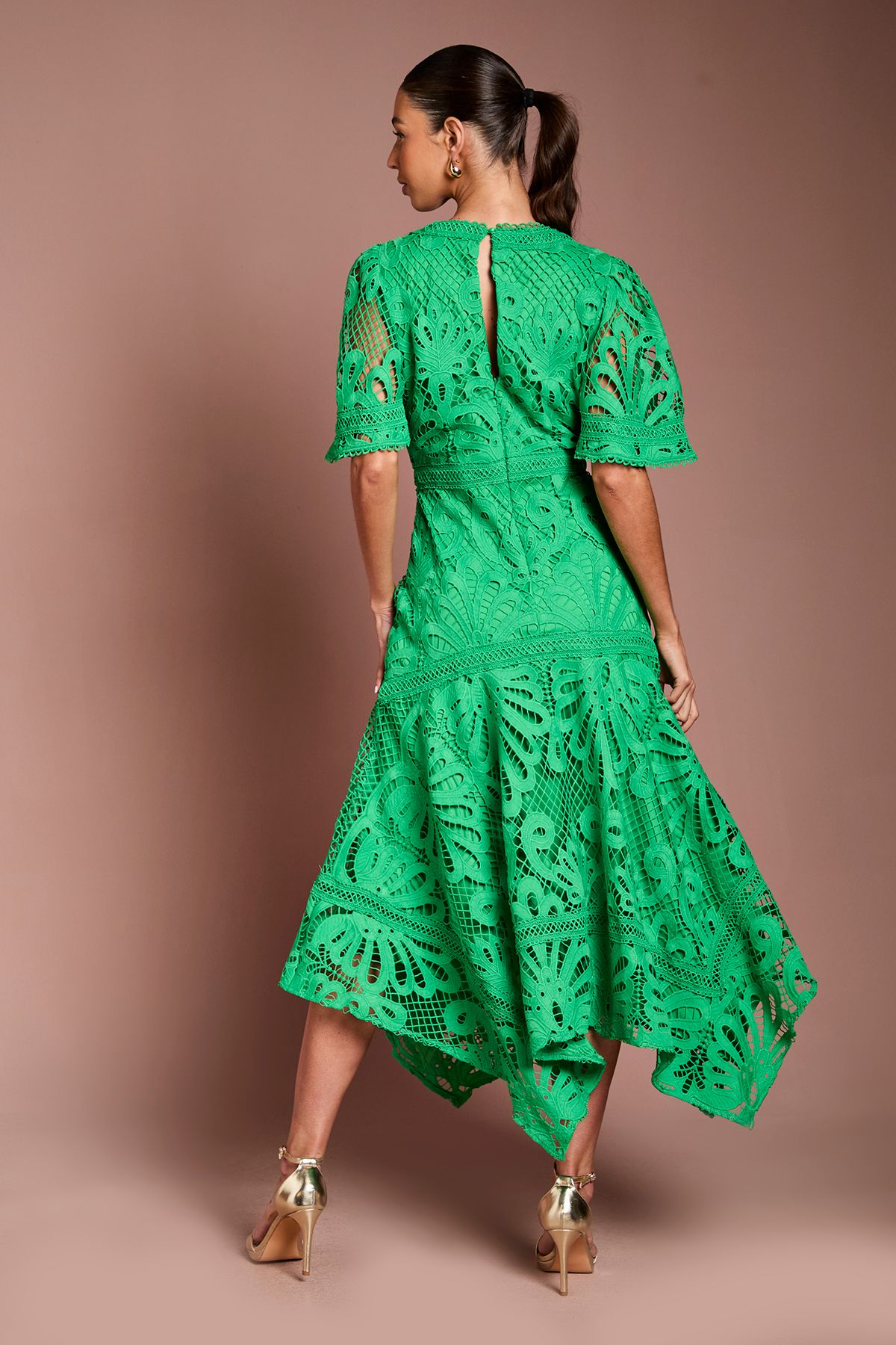 Coast Placement Lace Hanky Hem Dress Green image 3