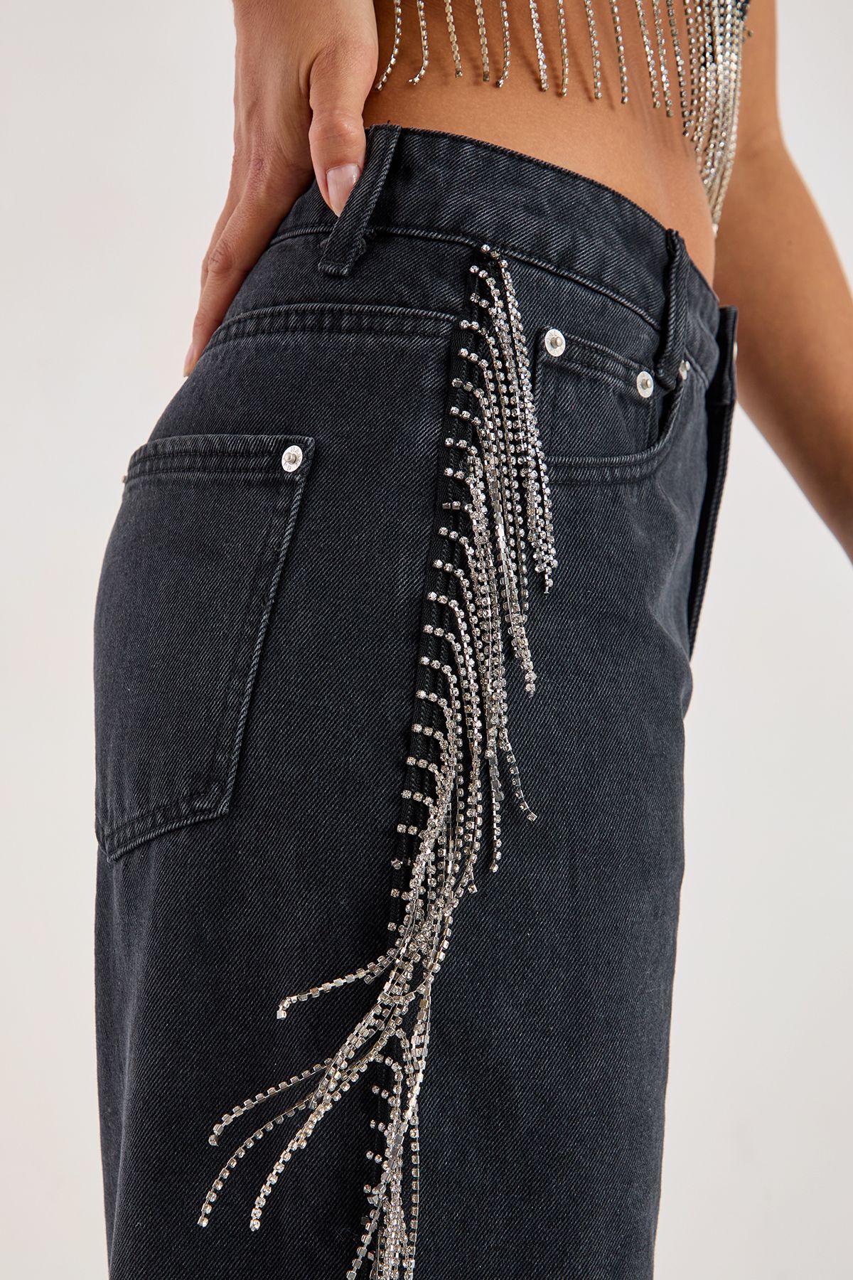 NastyGal Denim Diamonte Tassel Straight Leg Jeans Washed Black image 3