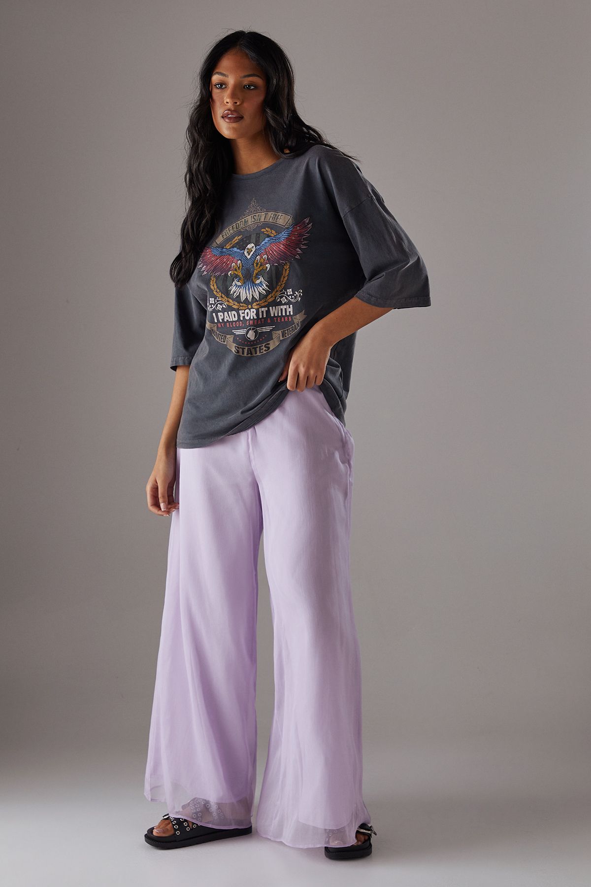 Warehouse Chiffon High Waisted Wide Leg Trousers Lilac