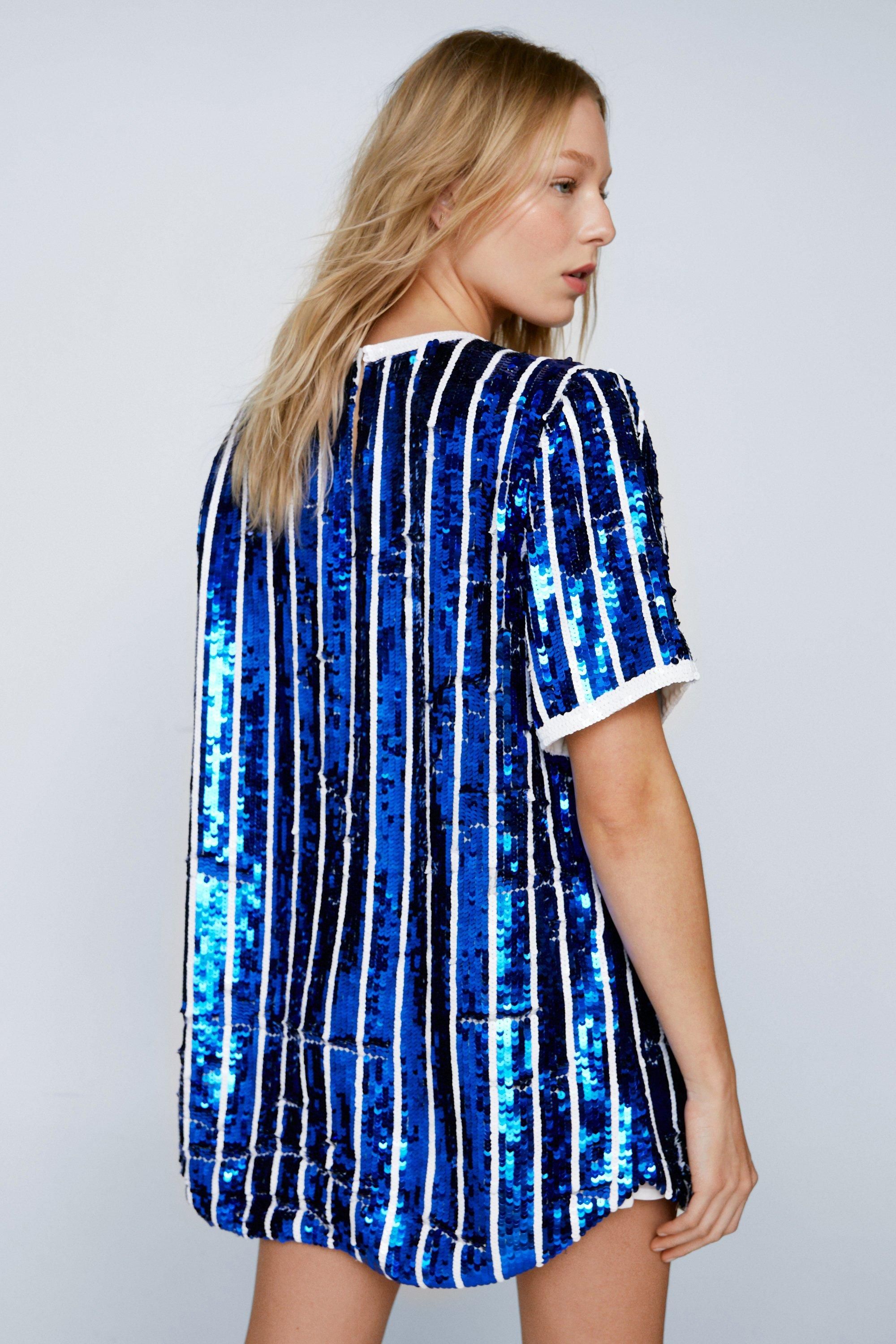 NastyGal Sequin Stripe Baseball Dress Blue image 4