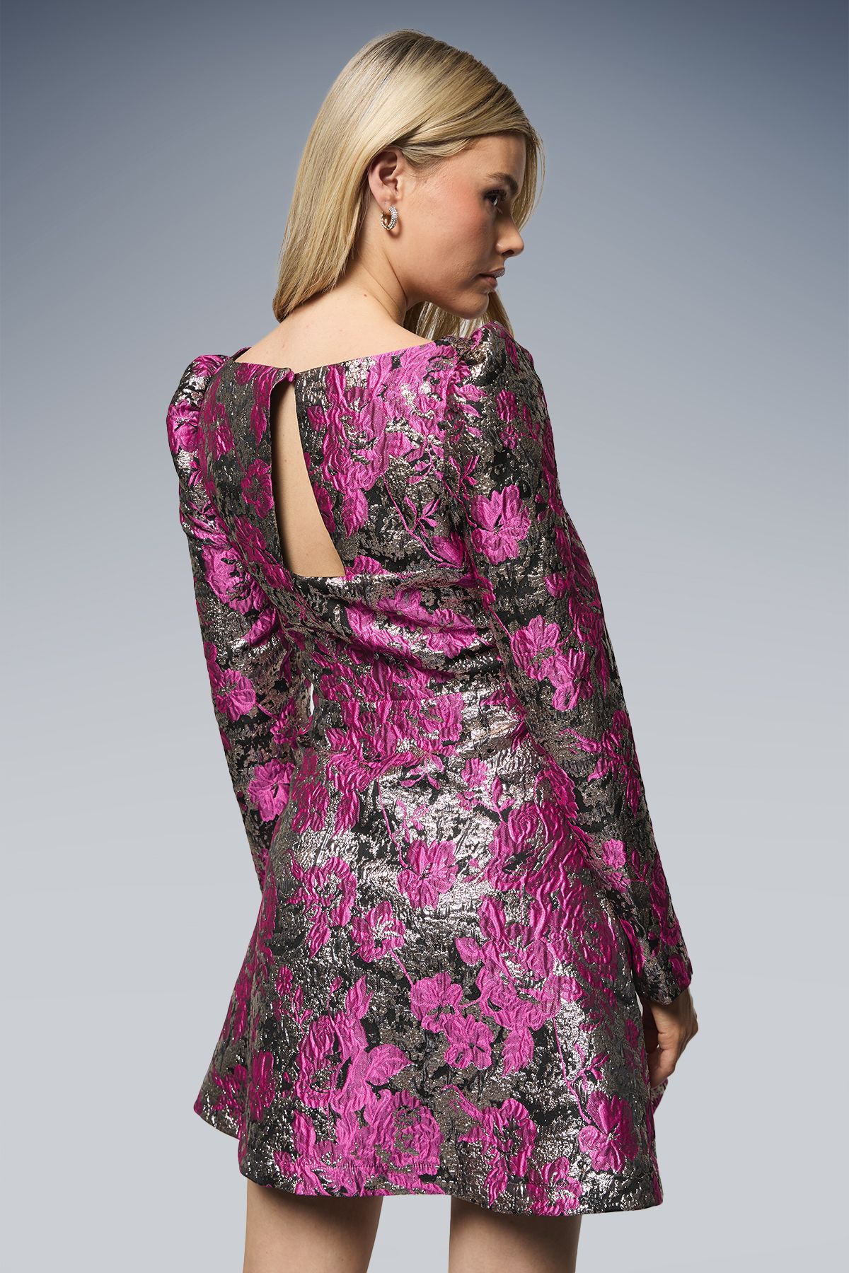 Dorothy Perkins DP Luxe Metallic Jacquard Long Sleeve Mini Dress Pink image 3