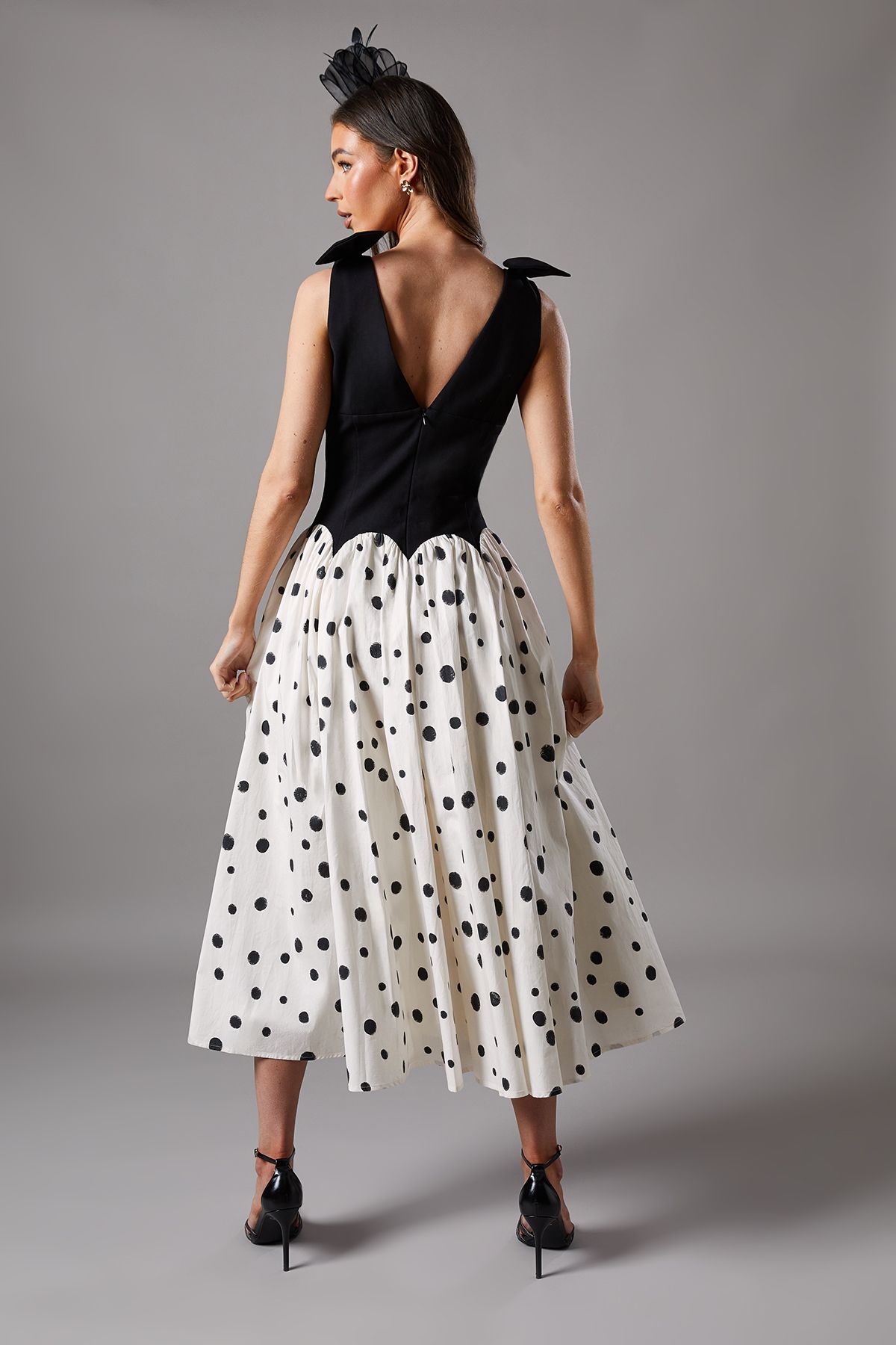 Coast Mono Spot Races Drop Waist Bow Shoulder Midi Dress Mono image 3