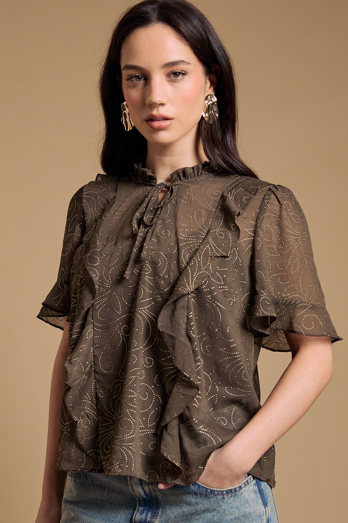 Oasis Tie Neck Frill Babydoll Blouse Khaki