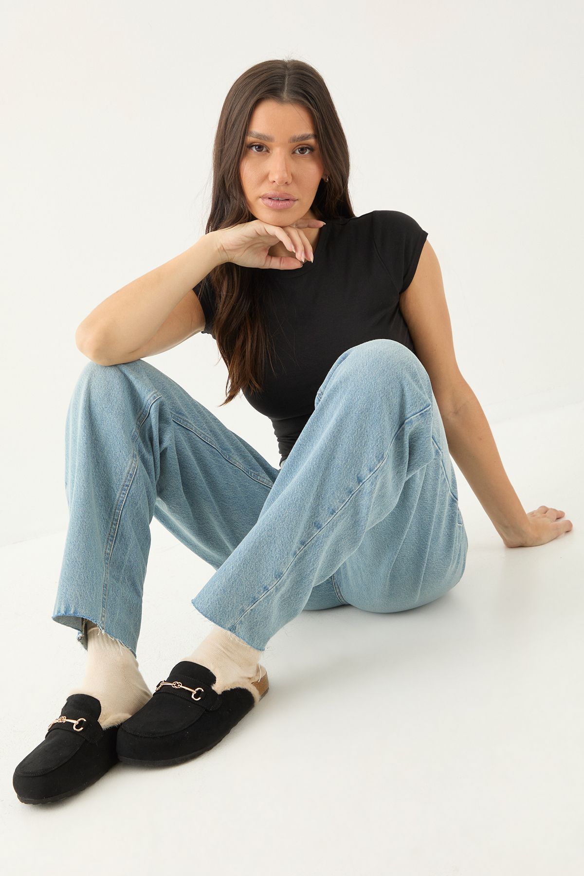 MissPap Faux Suede Fur Lined Snaffle Detail Closed Toe Mules Natural Black image 2