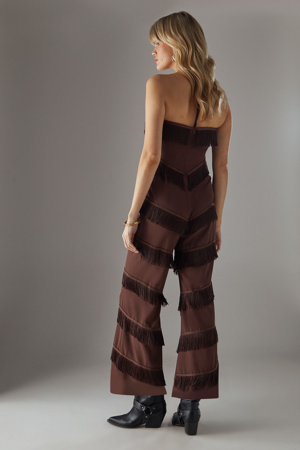 Warehouse Premium Fringe Halter Jumpsuit Chocolate image 3