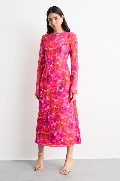 Warehouse Burnout Floral Chiffon Slash Neck Bias Midi Dress Pink