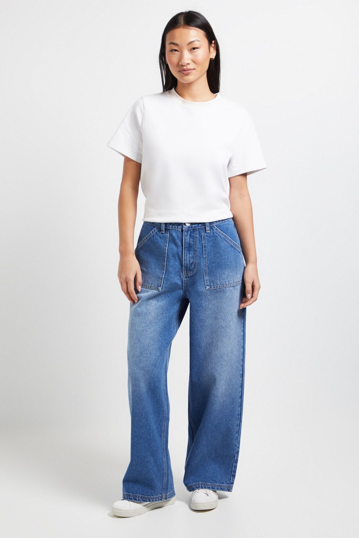 Dorothy Perkins Petite Wide Leg High Waist Denim Jeans Mid Wash