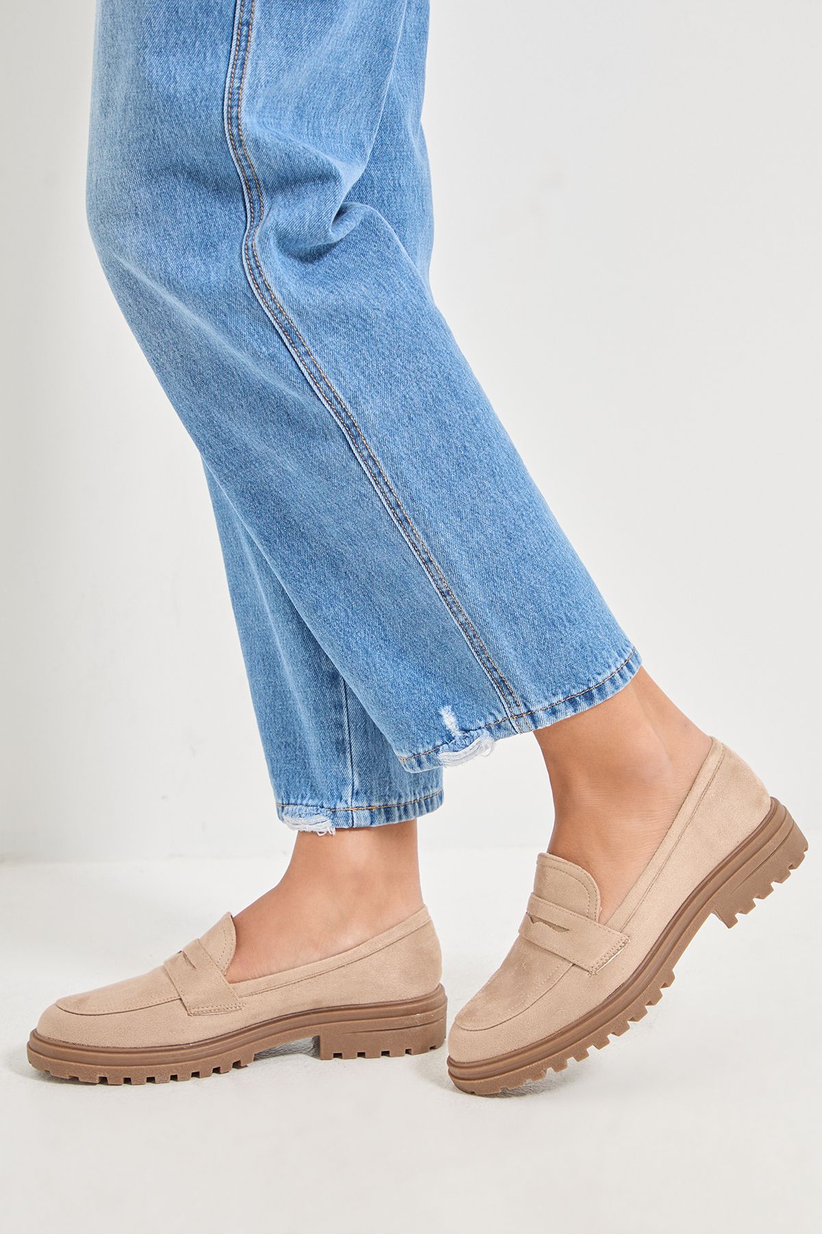 Oasis Kendra Faux Suede Chunky Penny Loafers Beige image 2