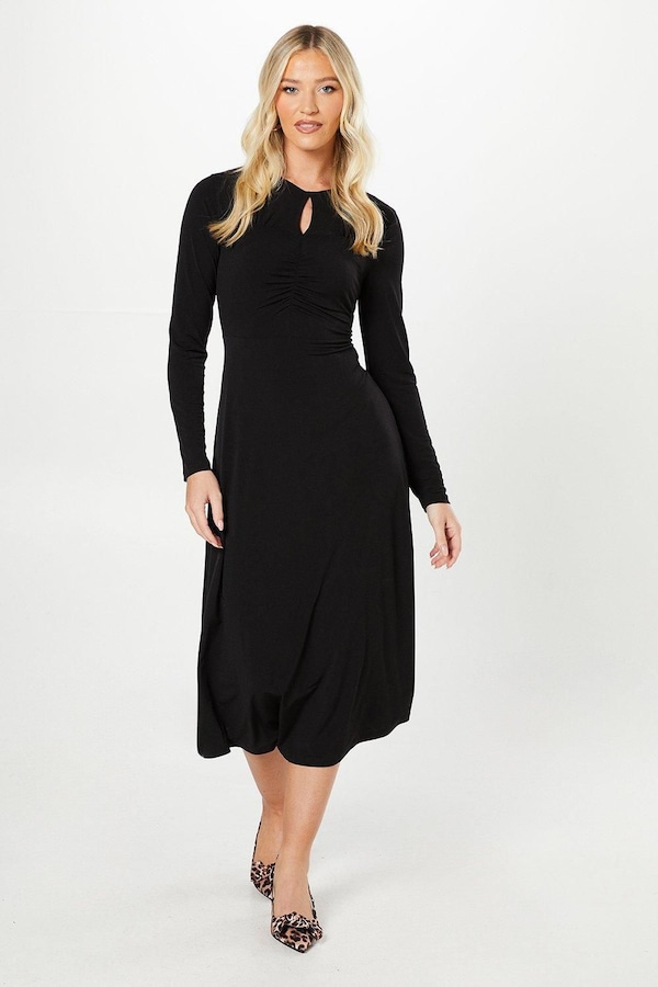 Dorothy Perkins Keyhole Ruched Yoke Long Sleeve Midi Dress Black