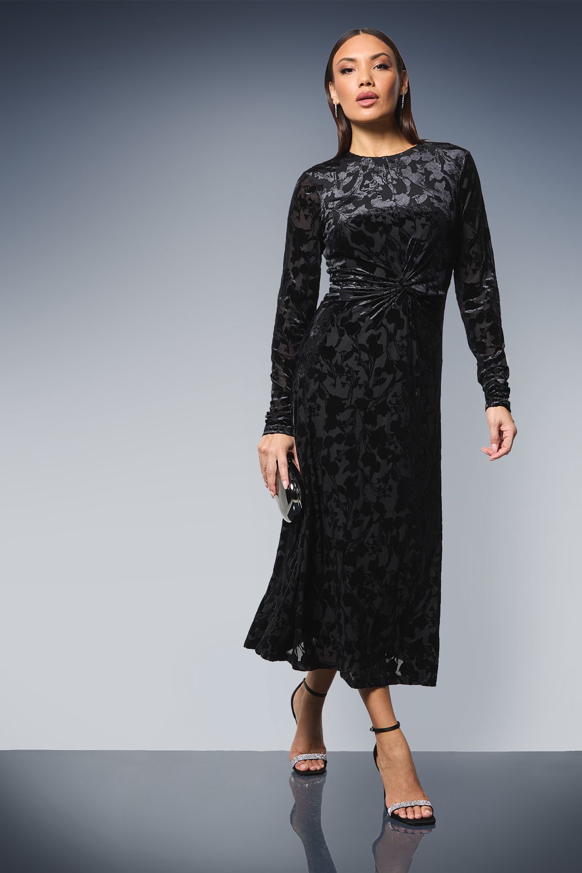 Principles Twist Front Velvet Devore Midi Dress Black