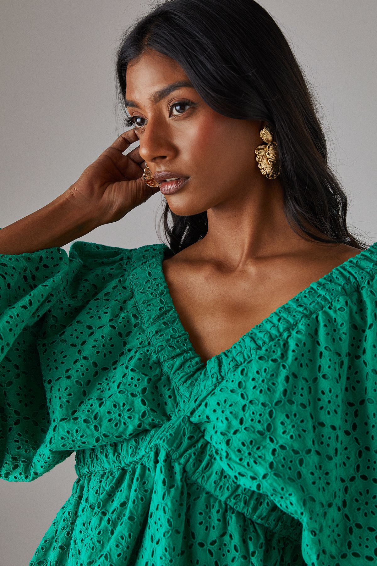 Warehouse Blouson Broderie Top With Grown On Sleeve Bright Green image 2