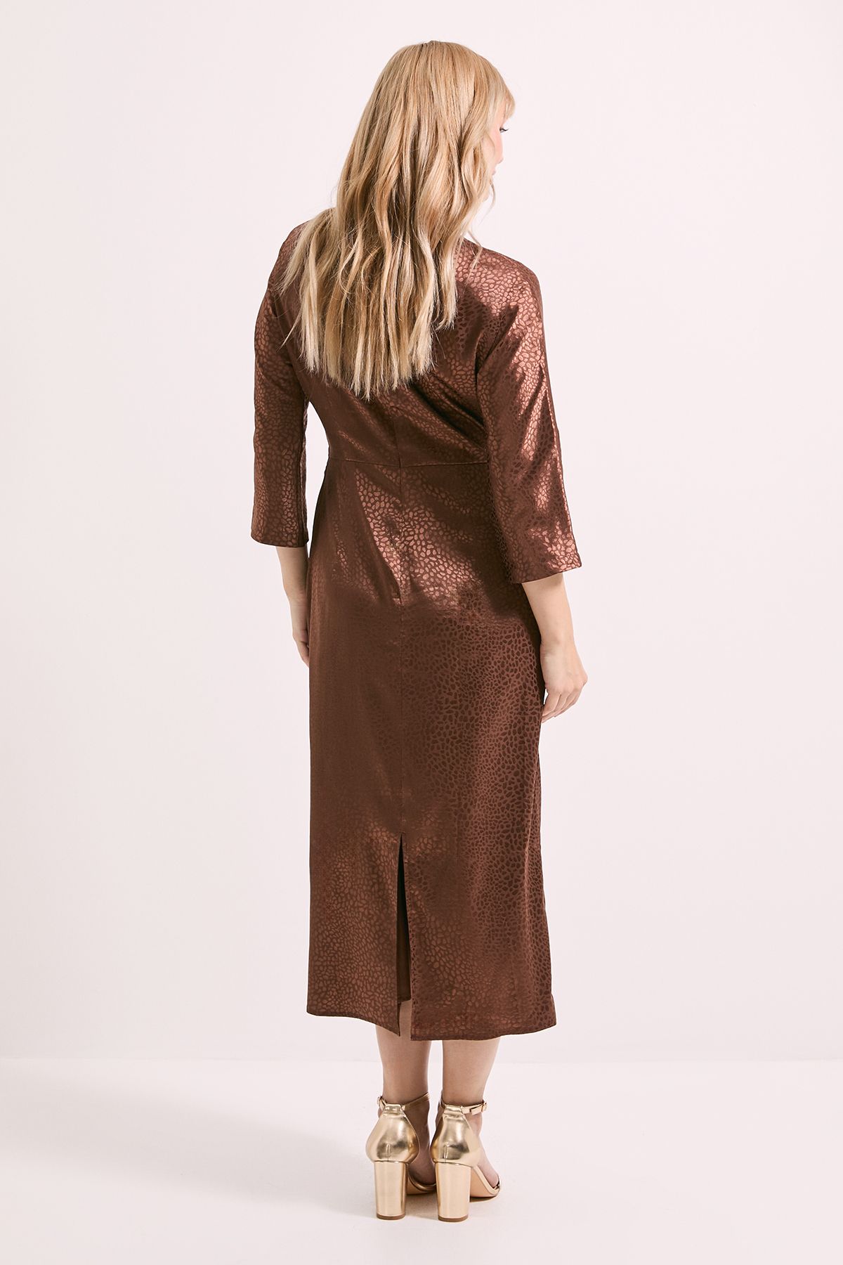 Principles Buckle Detail Twist Front Satin Jacquard Midi Dress Brown image 3