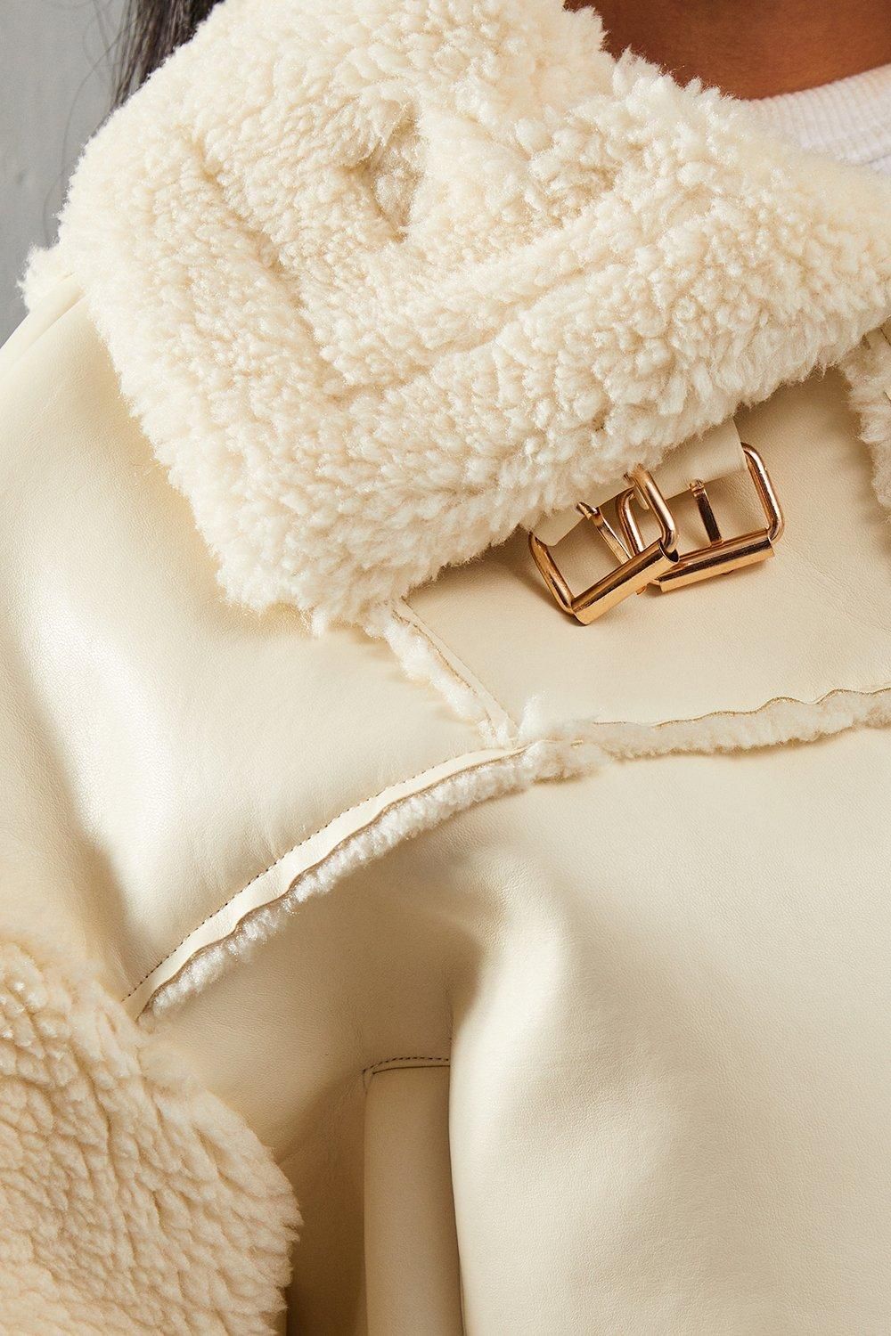 MissPap Borg Buckle Detail Cropped Aviator Jacket Cream image 5