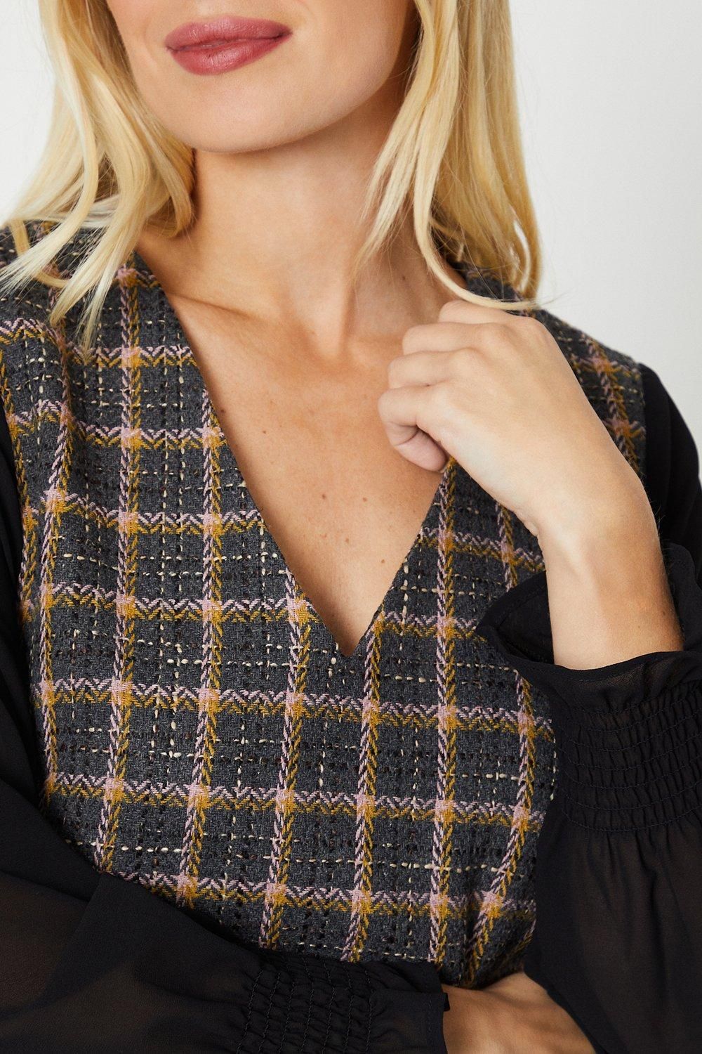 Oasis Petite Chiffon Sleeve Check Boucle Dress Blue image 4