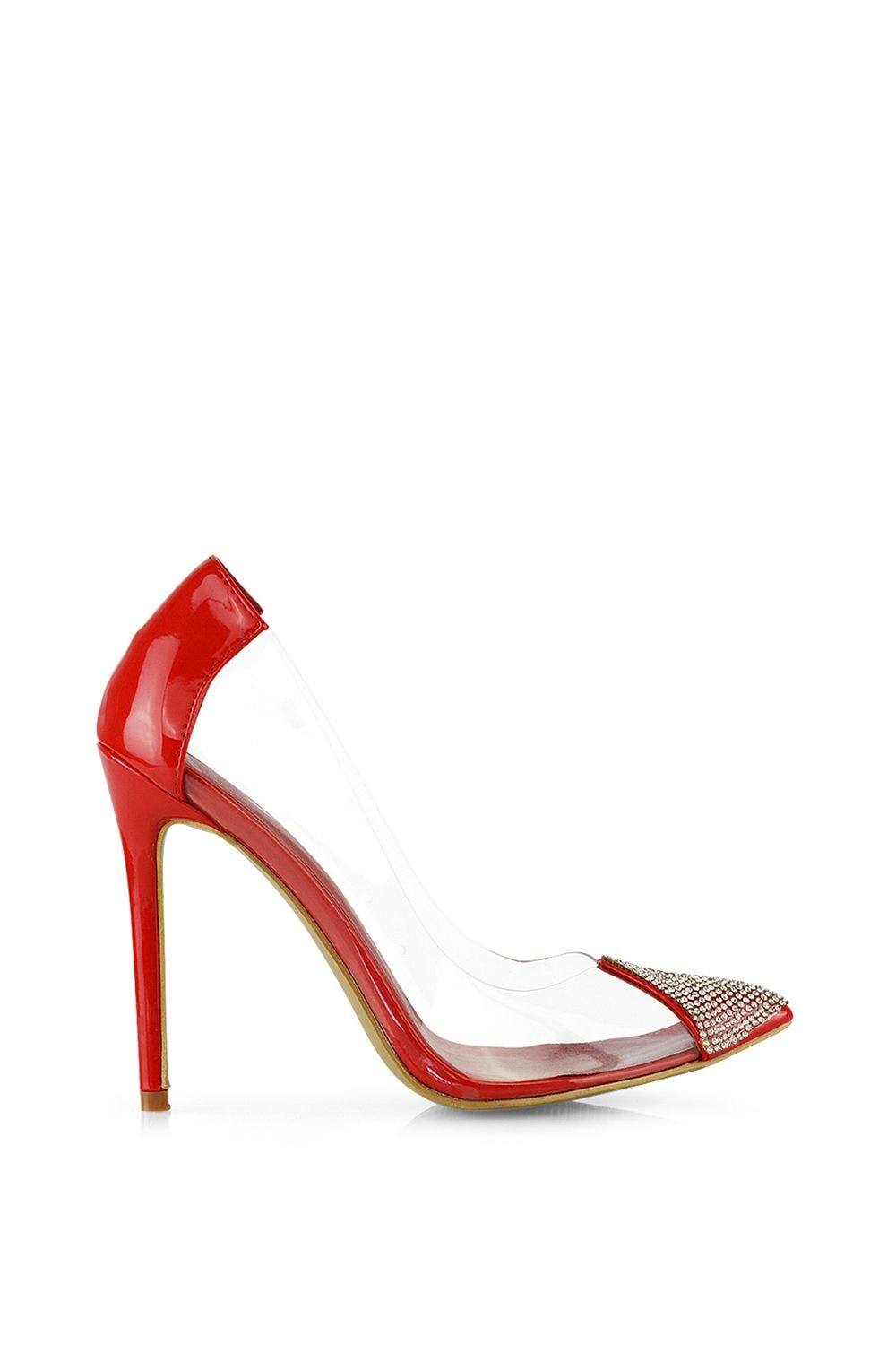 XY London 'Kaz' Pointed Toe Perspex Stiletto Court Heel Shoes With Diamante Detail image 1