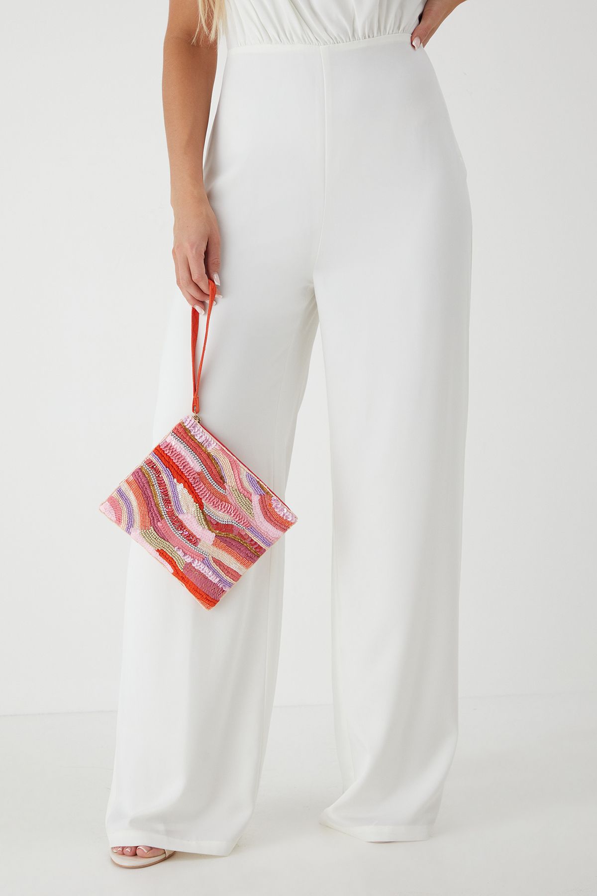 MissPap Mixed Bead Embellished Clutch Bag Pink image 1