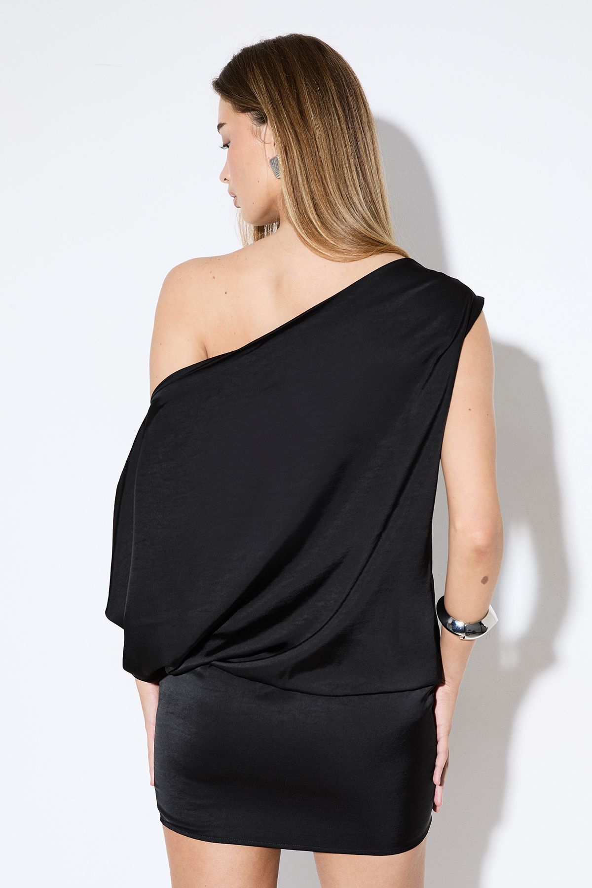 MissPap Satin Off Shoulder Asymmetric Bodycon Mini Dress Black image 3