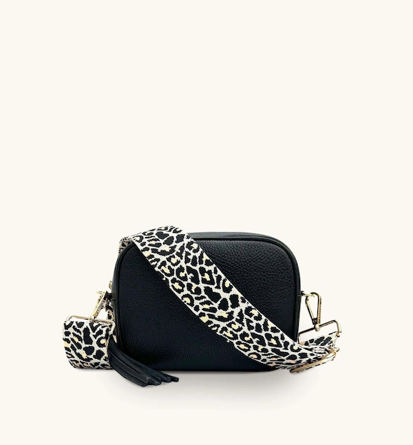 Apatchy London Black Leather Crossbody Bag With Apricot Cheetah Strap