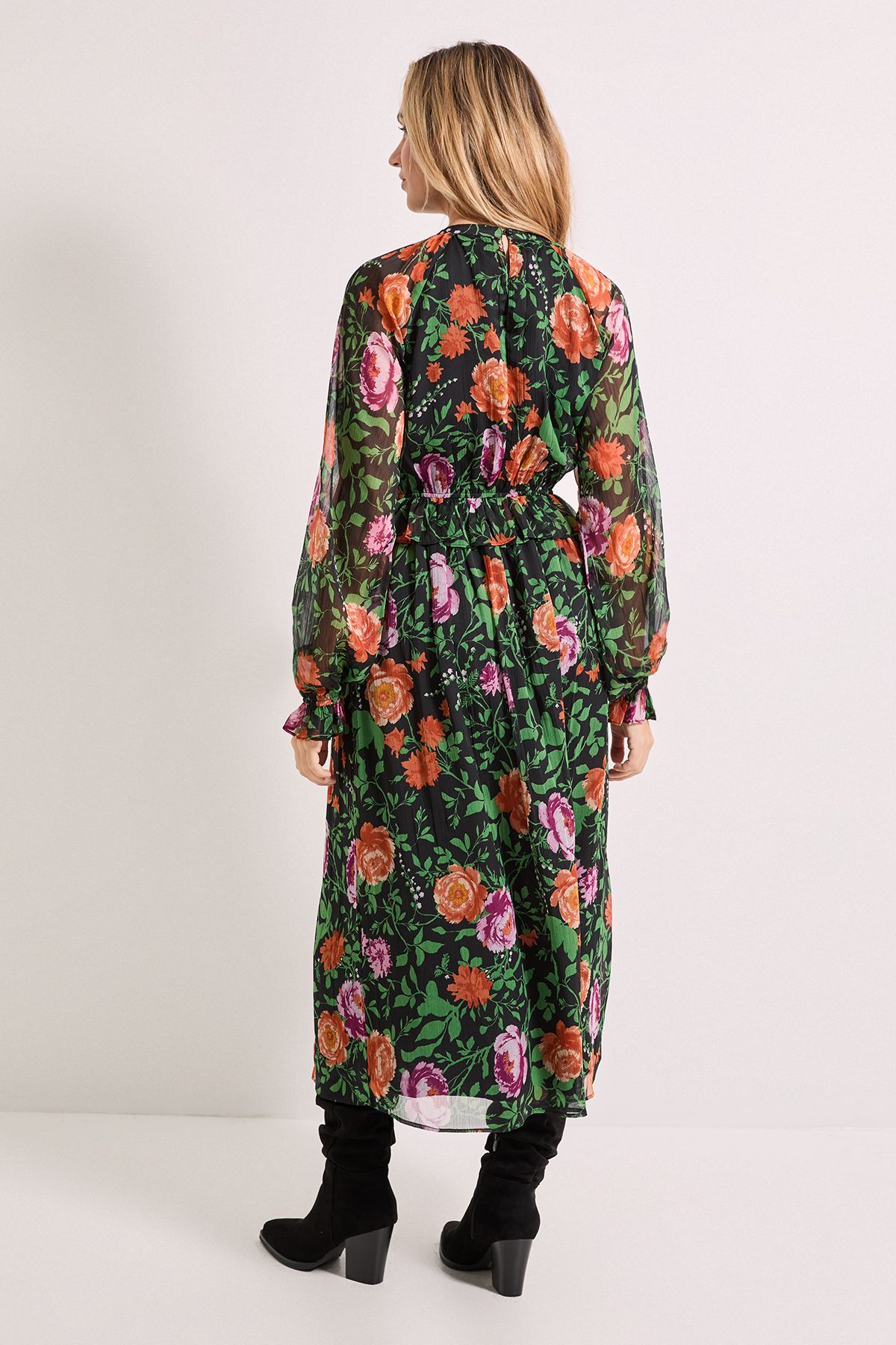 Dorothy Perkins High Neck Frill Detail Printed Chiffon Midi Dress Black image 3