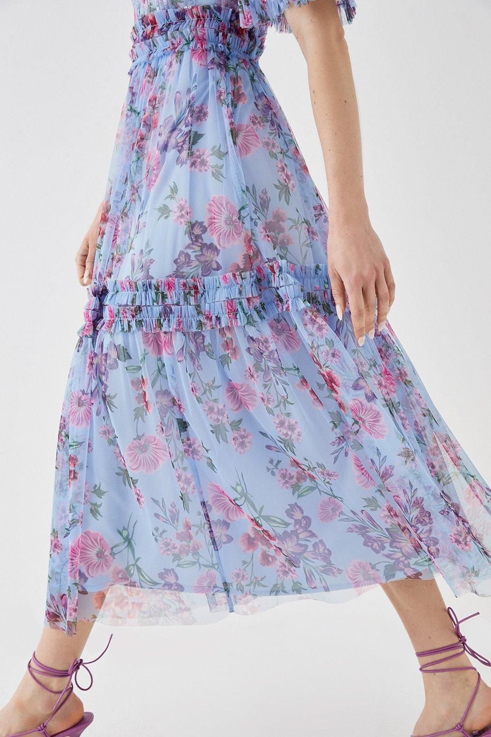 Coast Sequin Angel Sleeve Printed Mesh Midi Dress Blue image 3