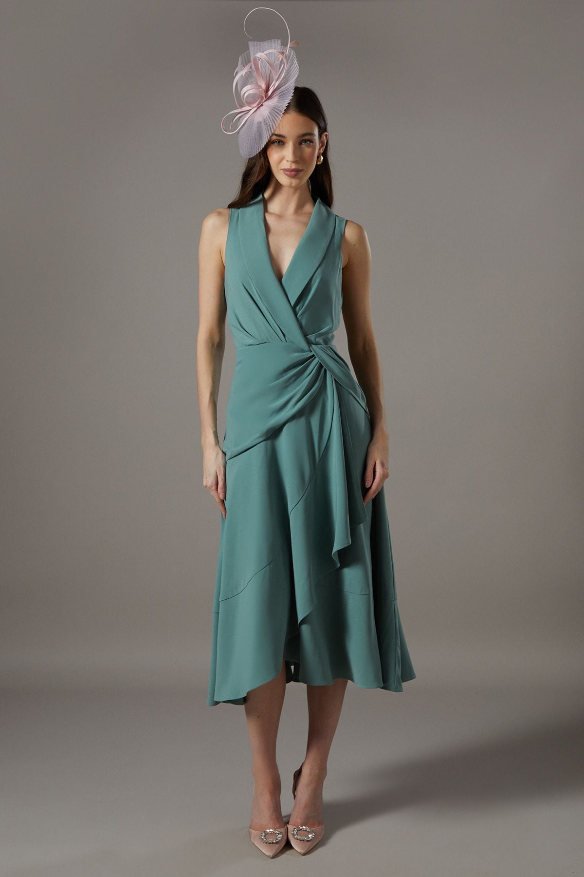 Coast Shawl Collar Ruffle Hem Midi Dress Sage image 1