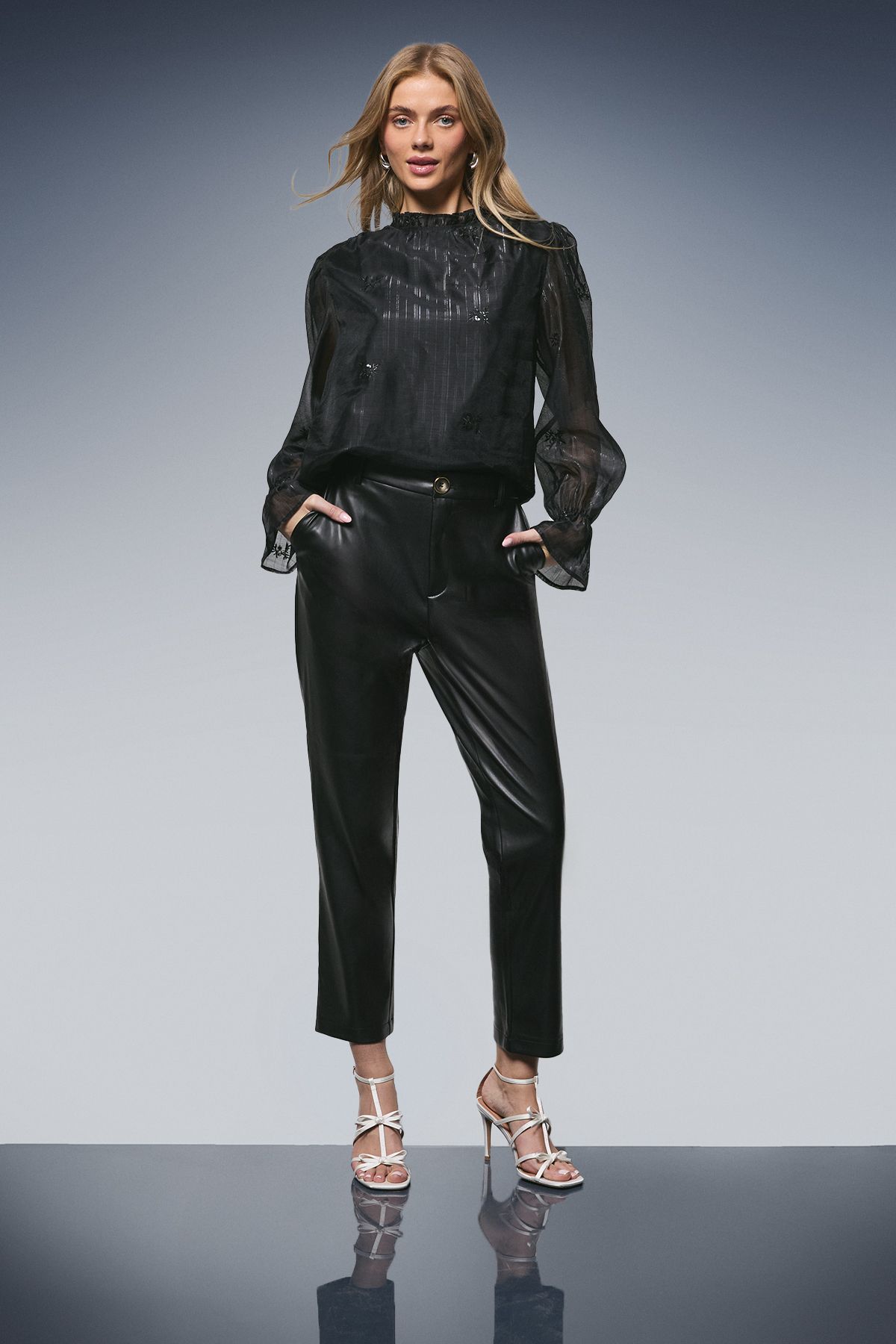 Oasis Sequin Floral Embroidered Frill Neck Blouse Black image 4