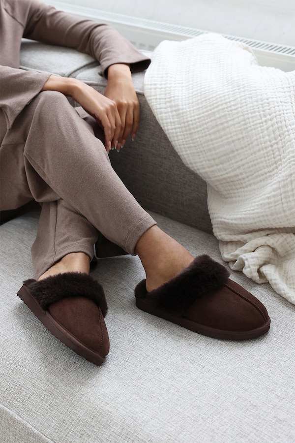 Where's That From 'Comfort' Slip On Slippers With Fur Trim Suede