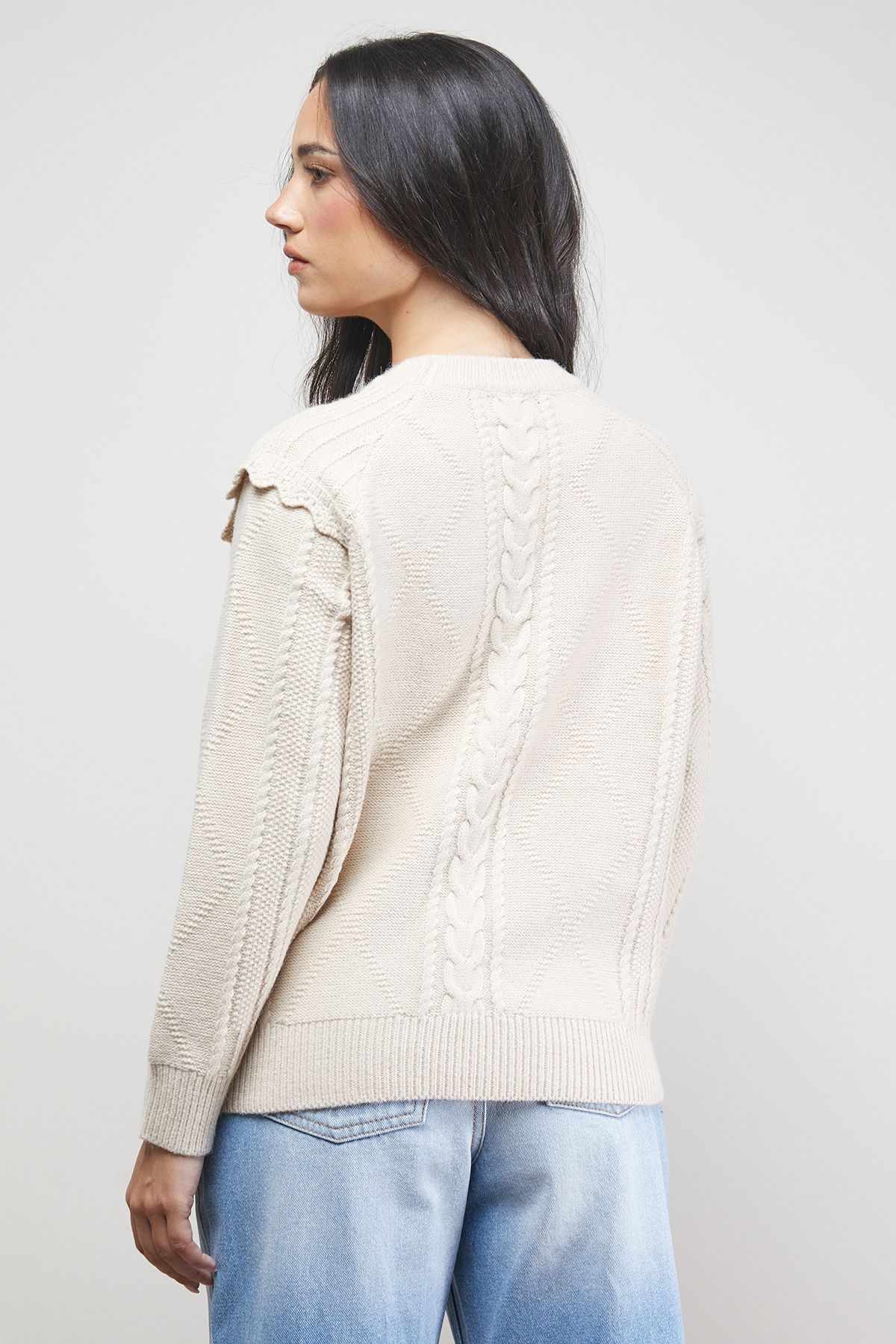 Oasis Cable Knitted Crochet Trim Detail Jumper Stone image 3