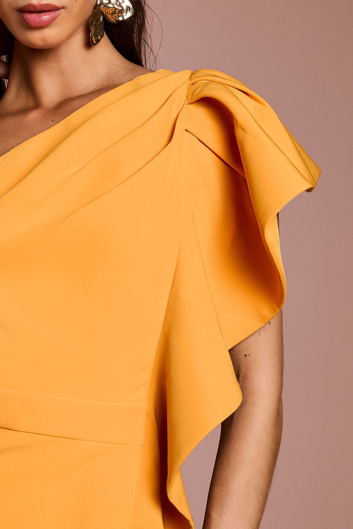 Coast One Shoulder Ruffle Crepe Pencil Midi Dress Orange image 4