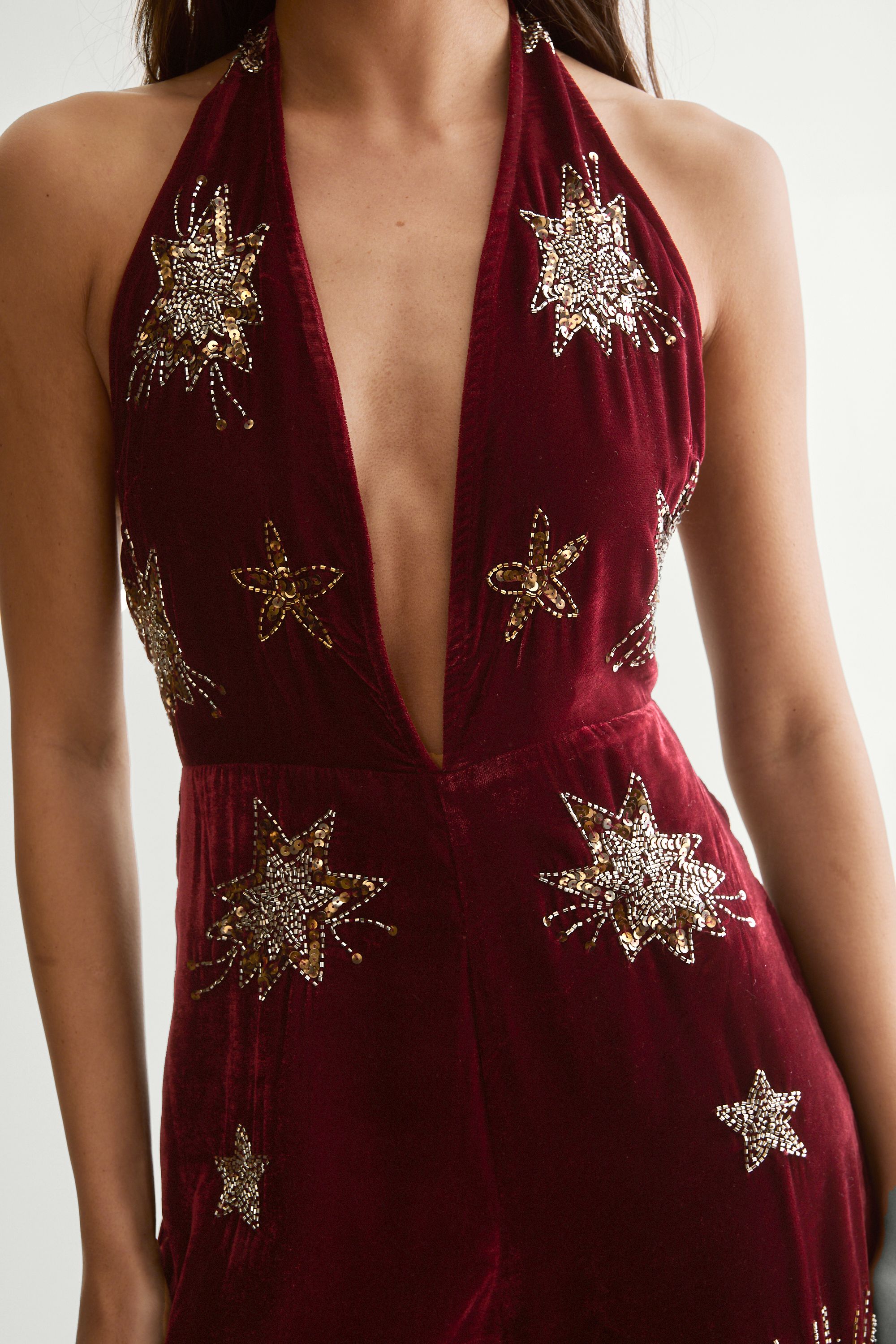NastyGal Star Embellished Velvet Halter Jumpsuit Wine image 3