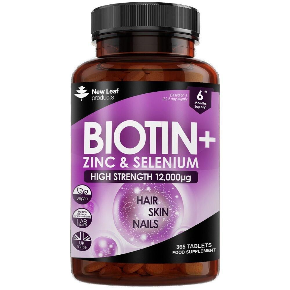 New leaf health Biotin Hair Growth Vitamins 12,000mcg - Enriched with Zinc 365 Tablets image 1