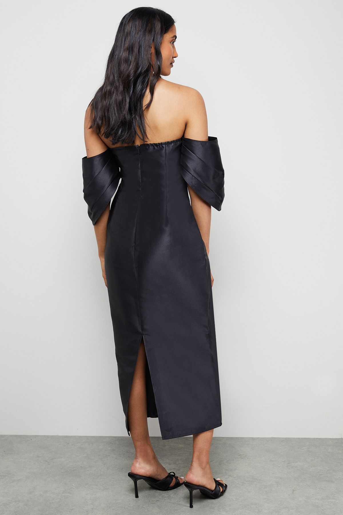 Warehouse Structured Puff Sleeve Bardot Midi Dress Black image 3
