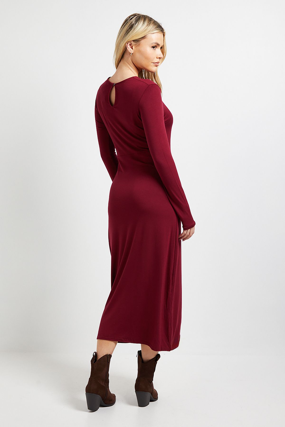 Dorothy Perkins Tie Detail Long Sleeve Jersey Midi Dress Burgundy image 3