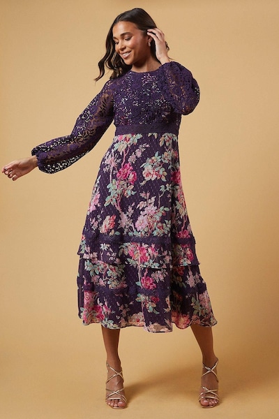 Oasis Petite Occasion Floral Lace Bodice Midi Dress Berry