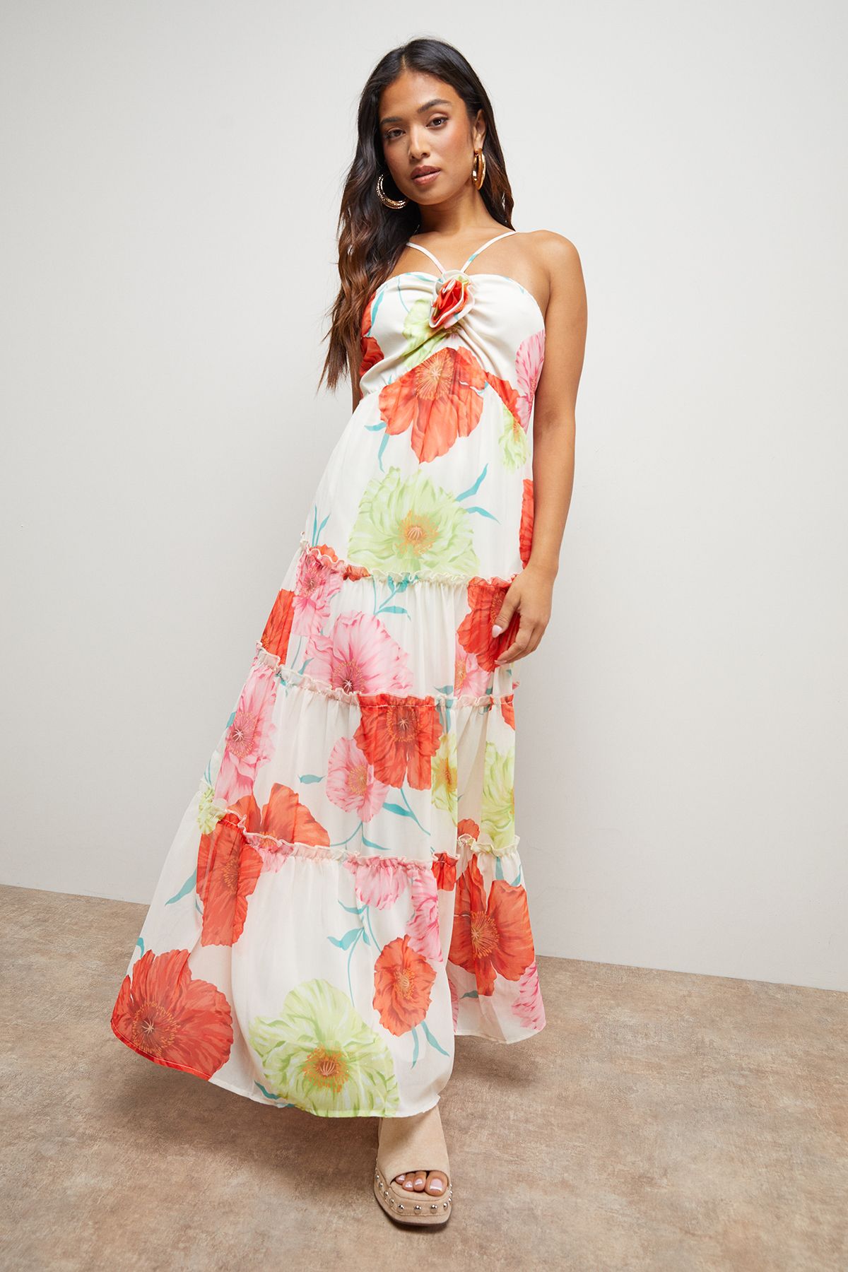 Oasis Petite Rosette Detail Halterneck Midi Dress Ivory image 2