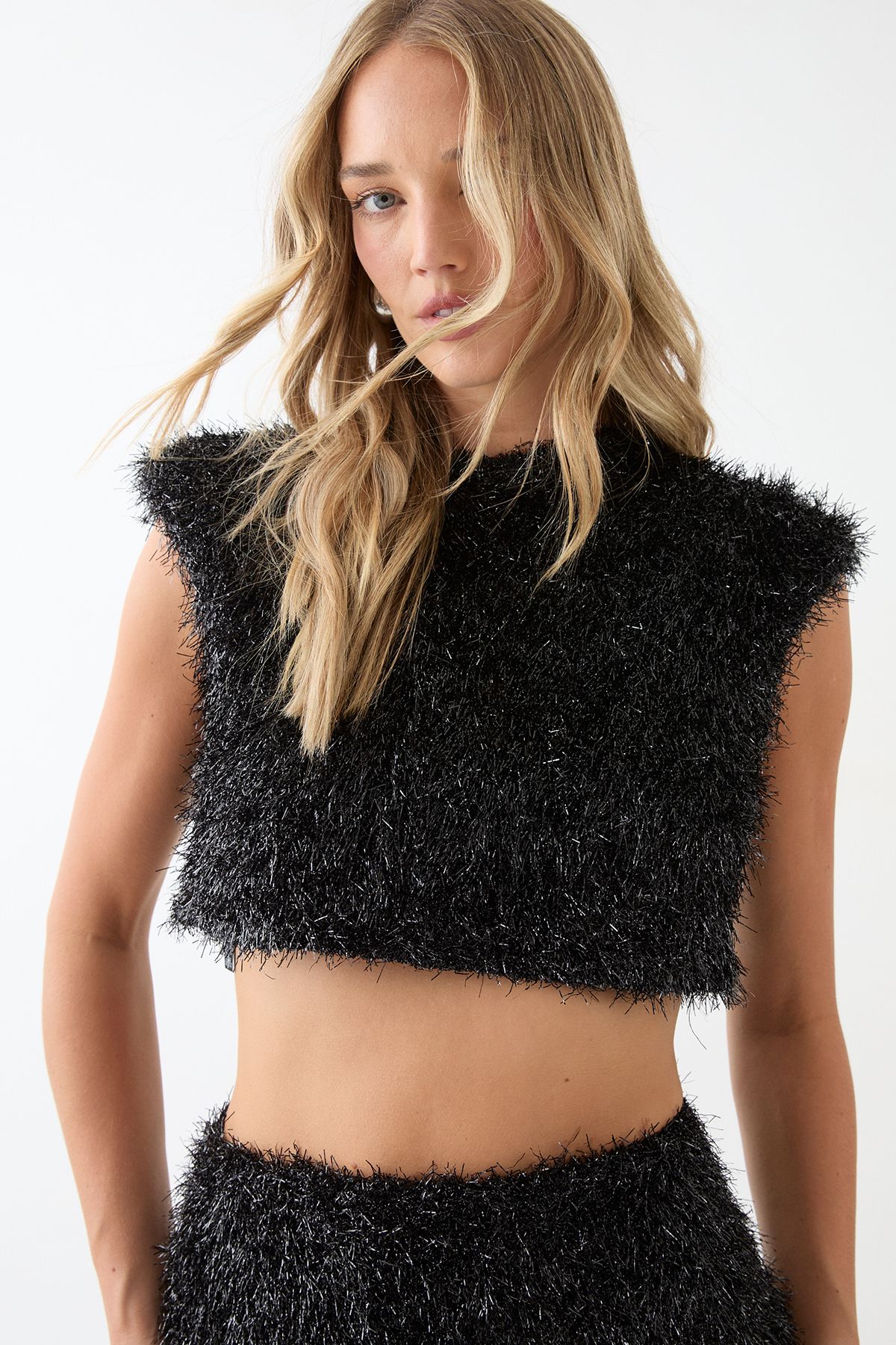 MissPap Premium Textured Shimmer Crop Top Black image 1
