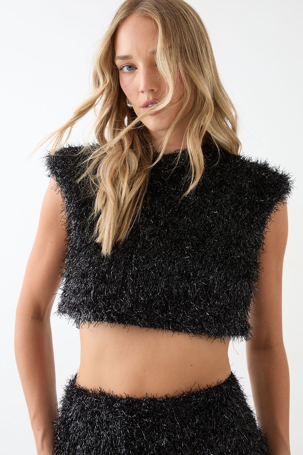 MissPap Premium Textured Shimmer Crop Top Black