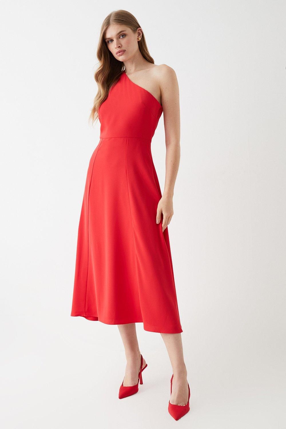 Coast One Shoulder Drape Front Flowing Skirt Midi Dress Red image 1