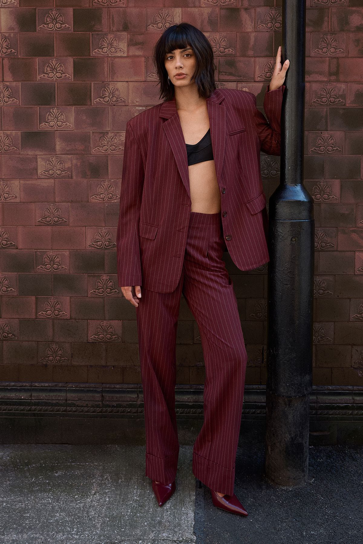 Warehouse Pinstripe Oversized Grandad Blazer Co-ord Choc Brown