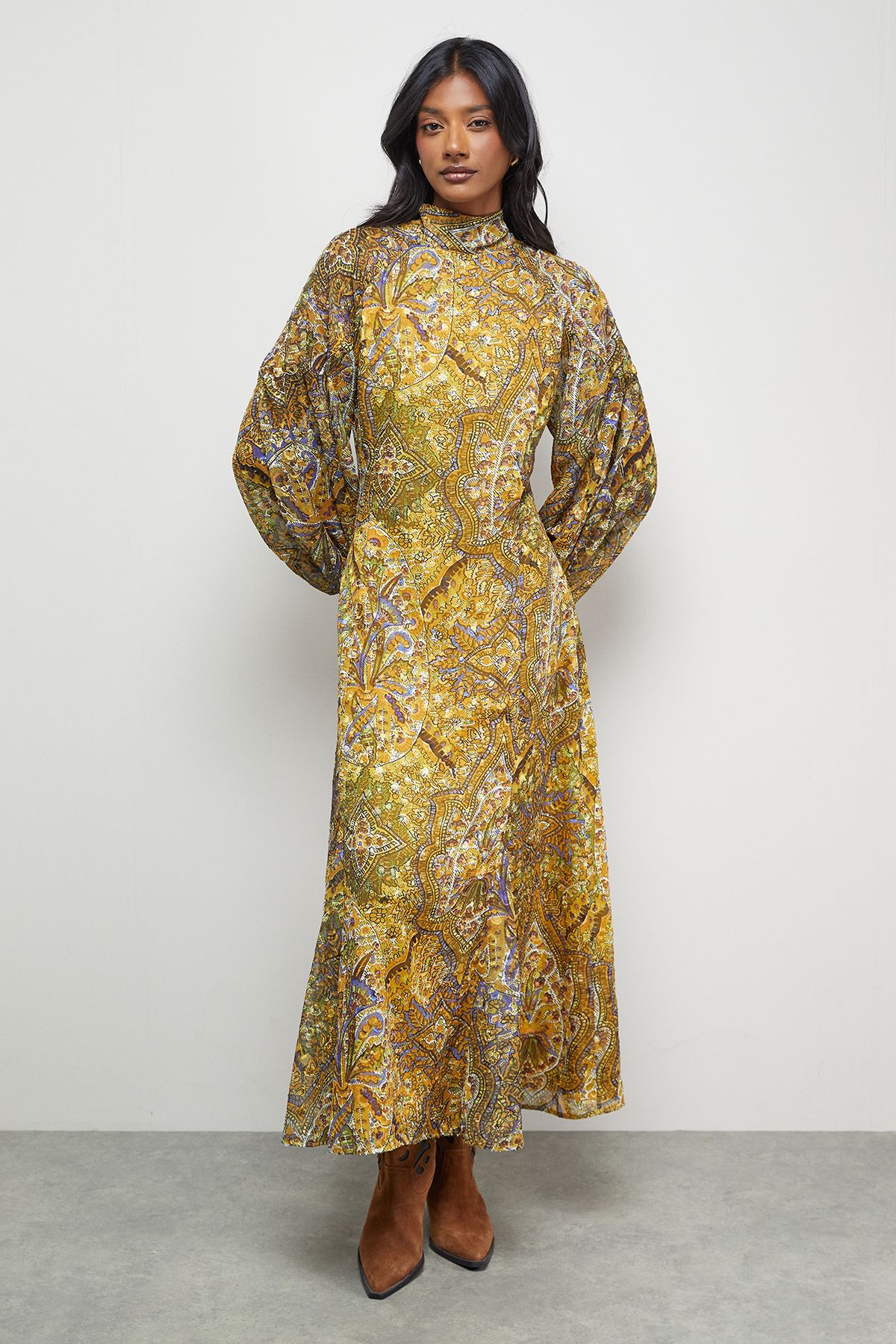 Warehouse Paisley Burnout Spot High Neck Godet Midi Dress Mustard image 1
