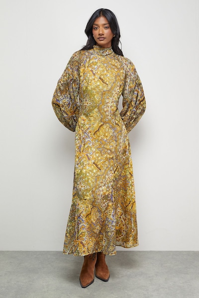 Warehouse Paisley Burnout Spot High Neck Godet Midi Dress Mustard