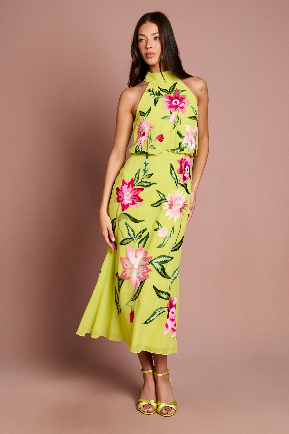 Coast High Neck Midi Dress With Floral Embroidery Chartreuse