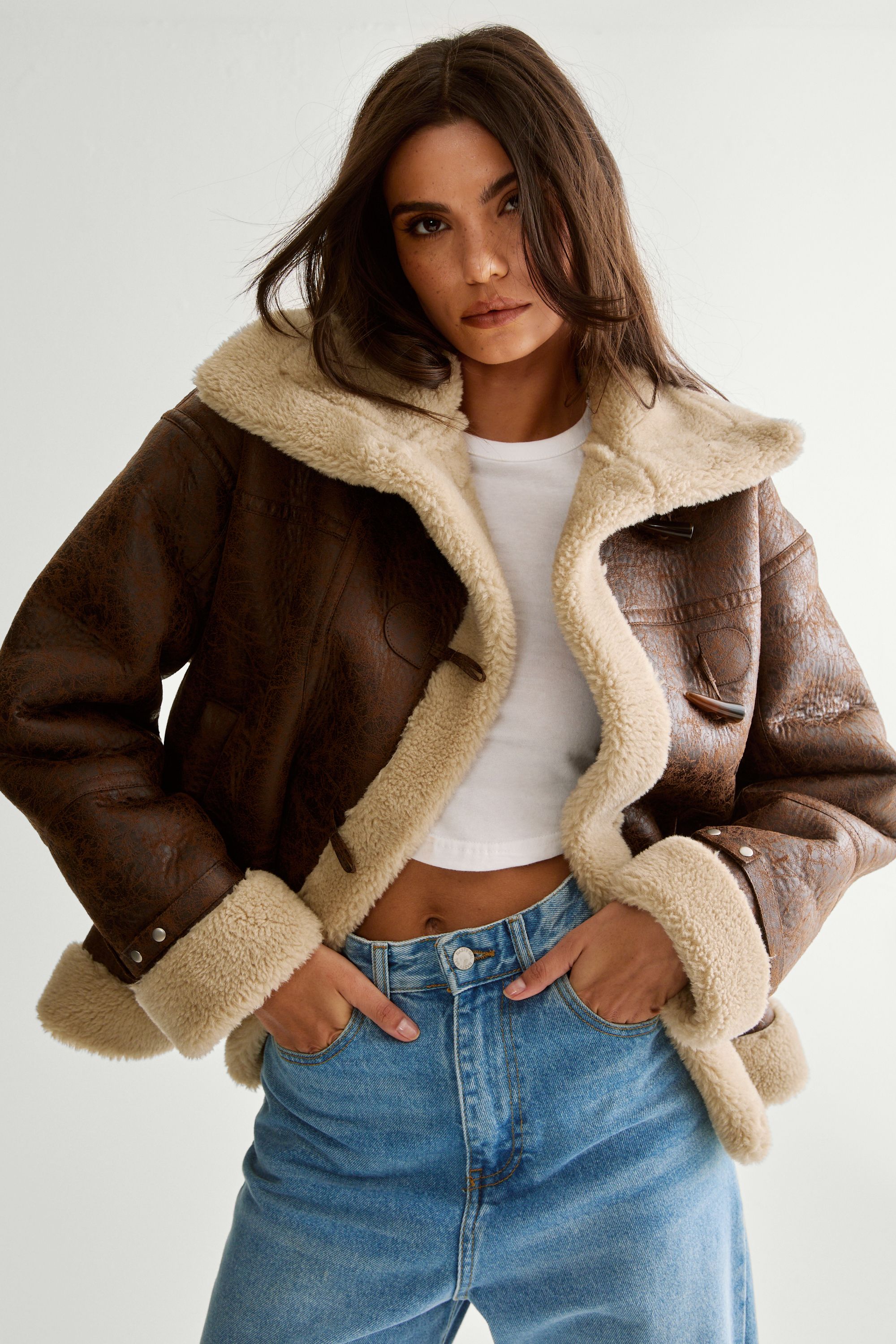 NastyGal Duffle Front Bonded Fur Aviator Brown image 3