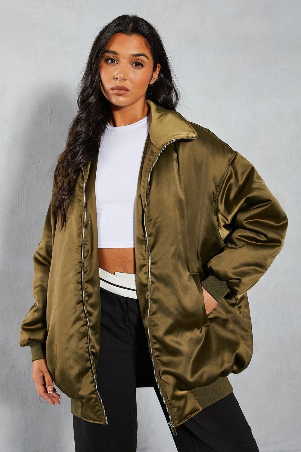 MissPap Oversized Longline Premium Satin Bomber Jacket Khaki image 4