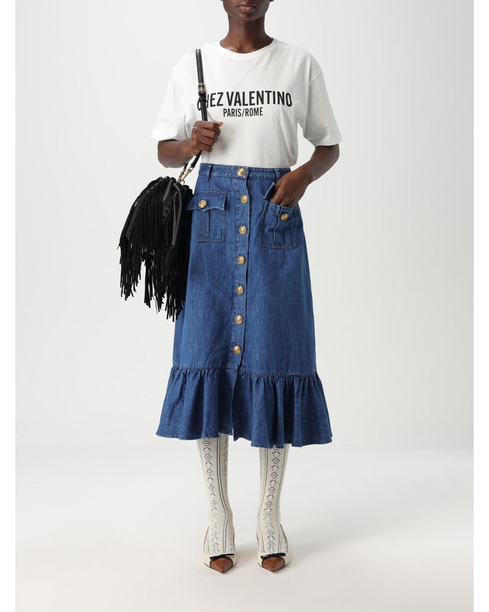 Valentino Denim Midi Ruffle Skirt Wo - Blue image 2
