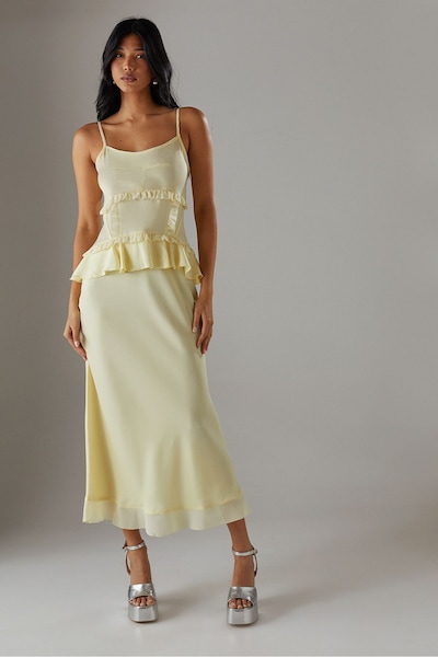 Warehouse Satin Strappy Seam Detail Peplum Midi Dress Yellow