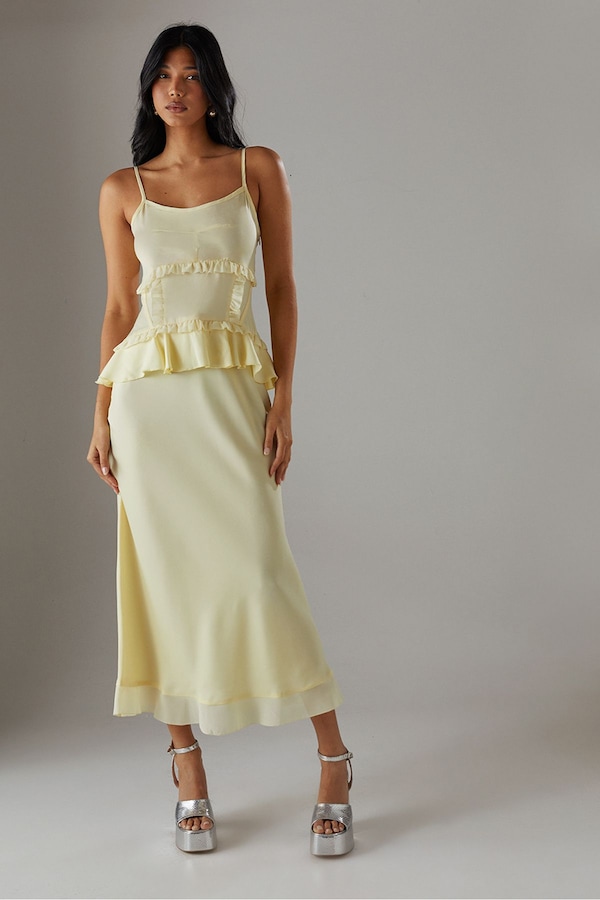 Warehouse Satin Strappy Seam Detail Peplum Midi Dress Yellow