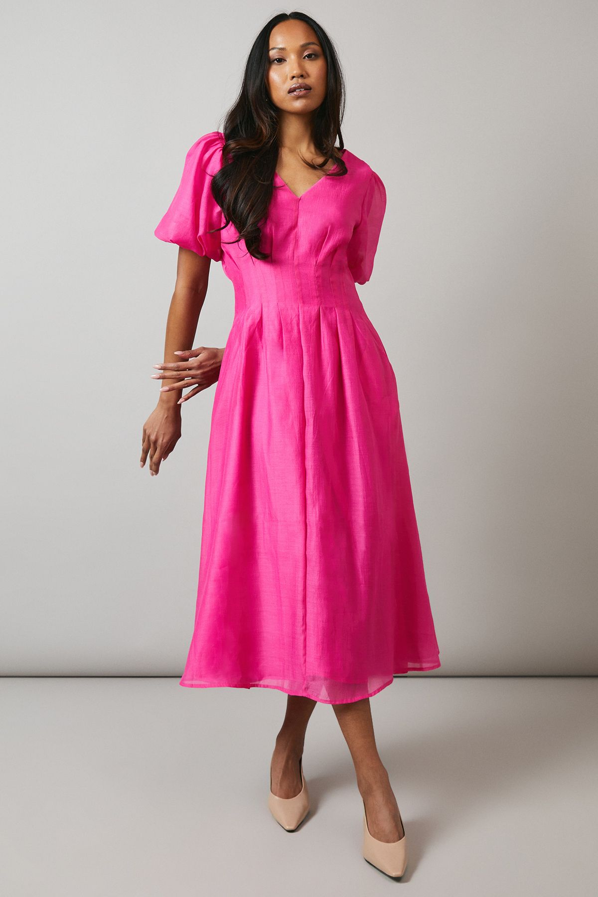 Principles Organza Puff Sleeve Midi Dress Pink