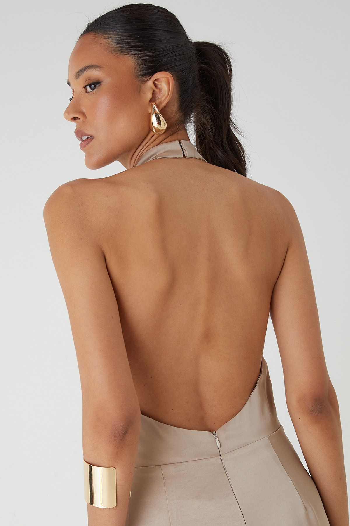 MissPap Satin Cowl Neck Wide Leg Jumpsuit Bronze image 5